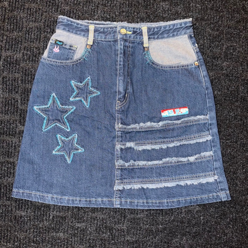 Angel Blue Denim Mini Skirt Womens L Blue Good Star Applique Harajuku J-Fashion